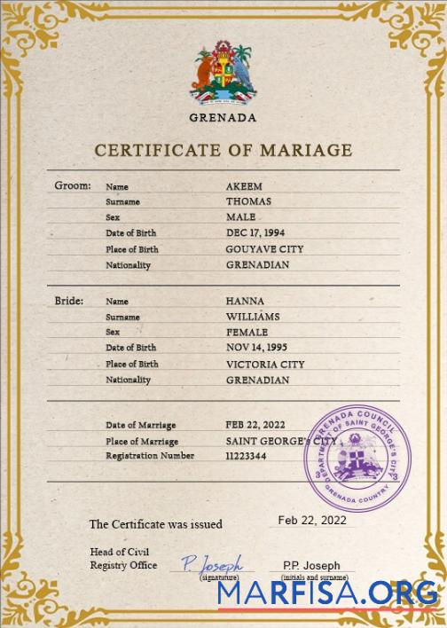 Printable Grenada marriage certificate PSD template